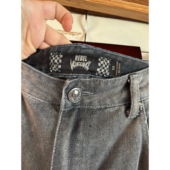 Rebel Vengence Men’s Bootcut Jeans Distressed Patches Gray Size 34 Ombré - Picture 8 of 10